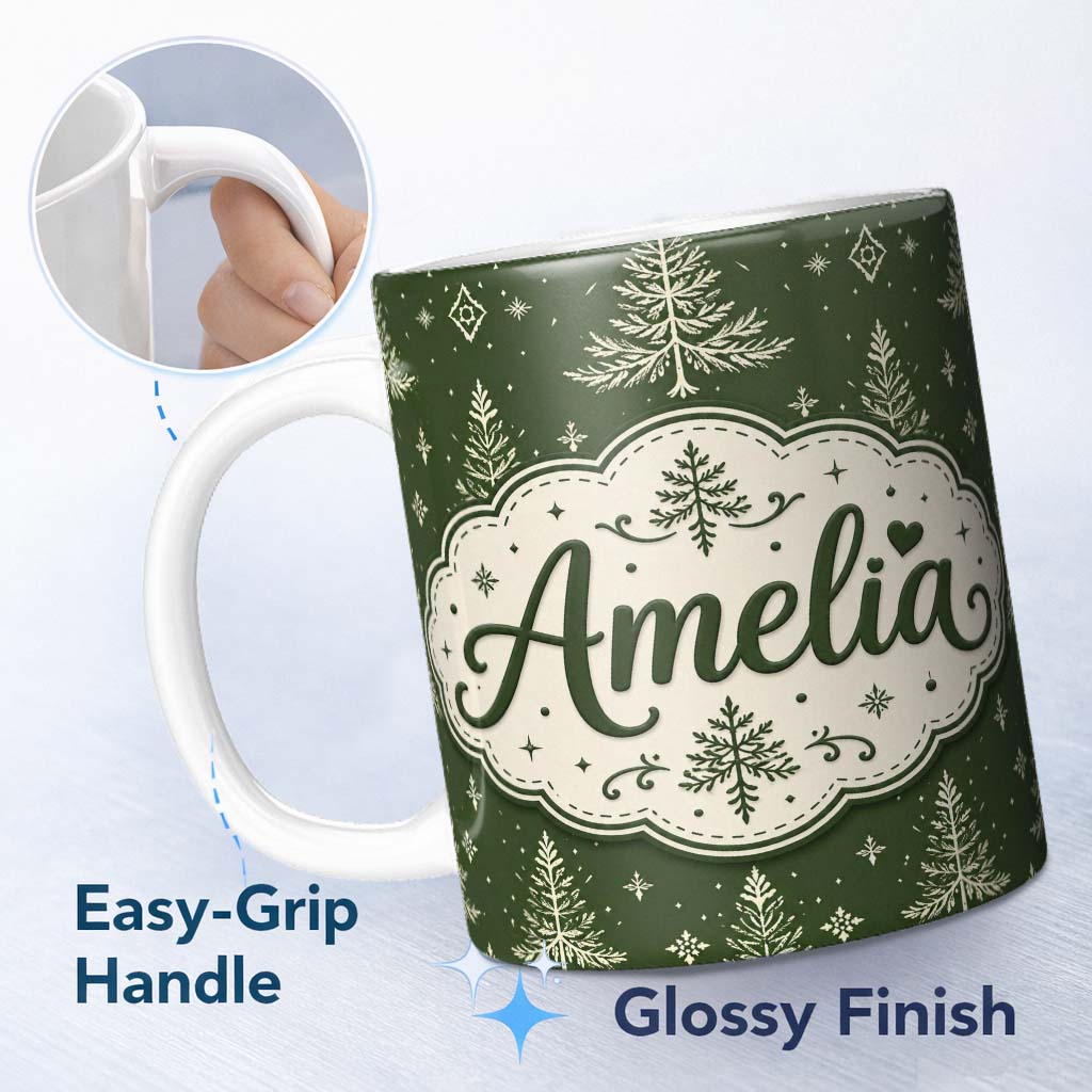 Personalized Custom Name Classic White Fir Trees Nordic Style Green Seamless Pattern Lovely 11oz Ceramic Coffee Tea Mug White Large Handle