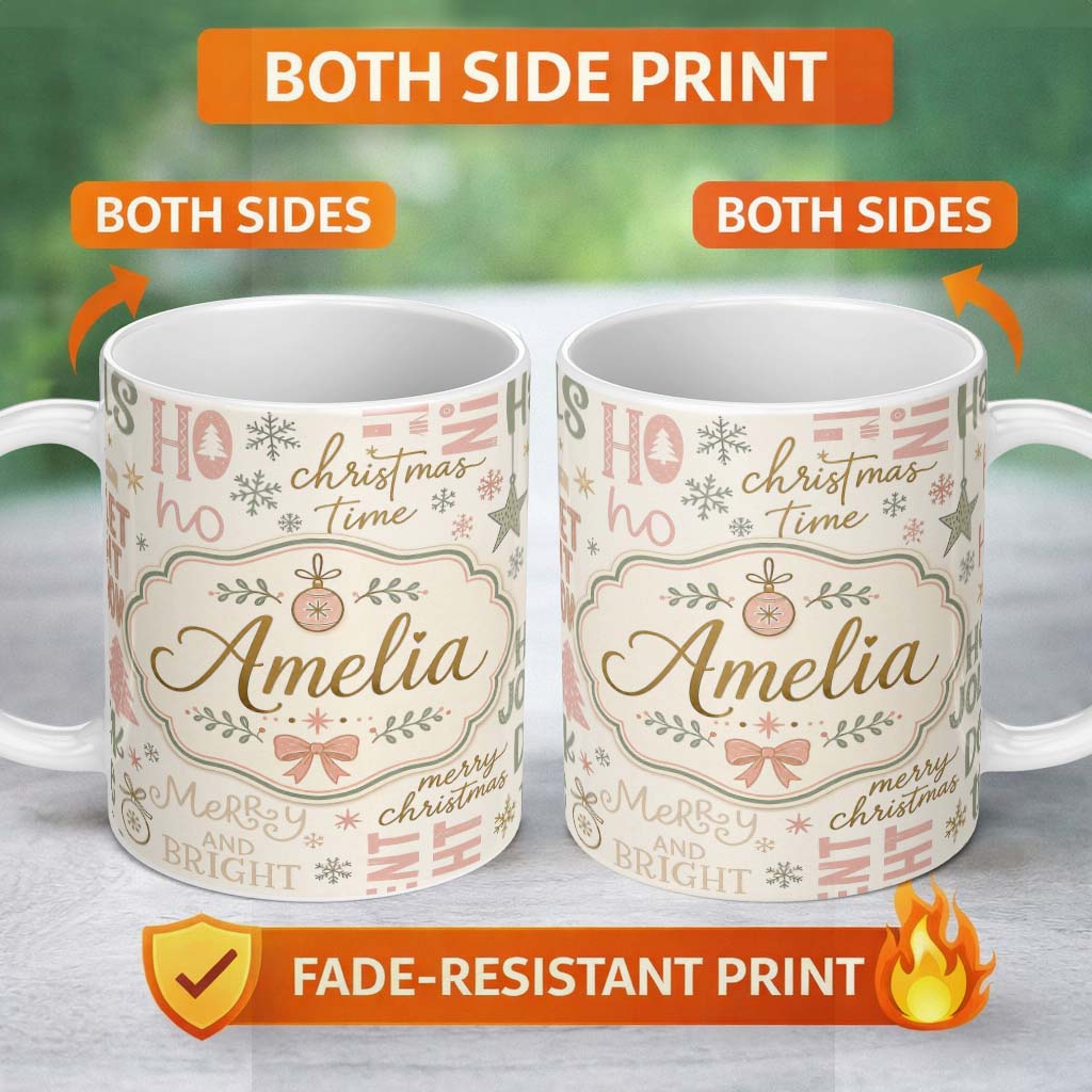 Personalized Custom Name Christmas Typography Holiday Words Pastel Seamless Pattern Lovely 11oz Ceramic Coffee Tea Mug White Large Handle