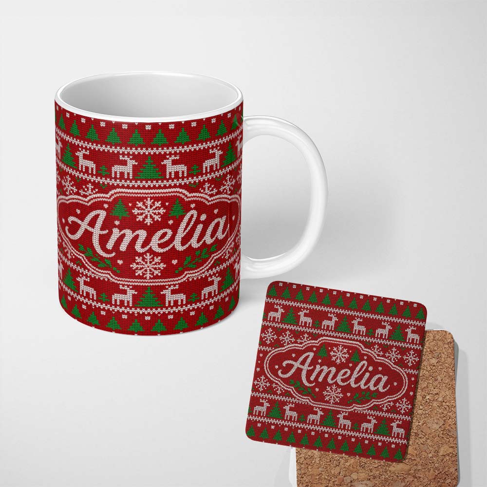 Personalized Custom Name Traditional Reindeer Christmas Knit Pattern Seamless Lovely 11oz Ceramic Coffee Tea Mug White Large Handle