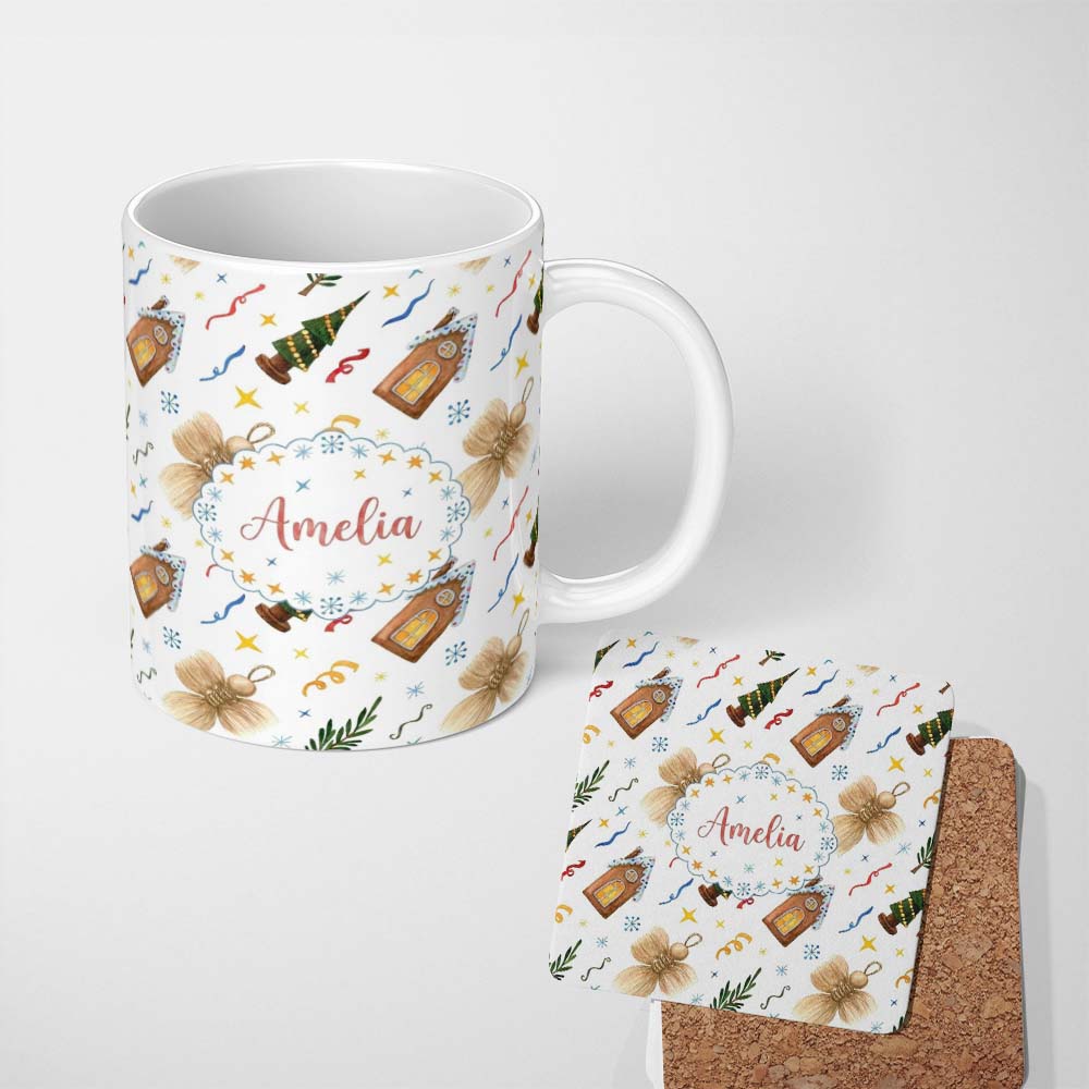 Personalized Custom Name Rustic Christmas Angel House Tree Stars Seamless Pattern Lovely 11oz Ceramic Coffee Tea Mug White Large Handle