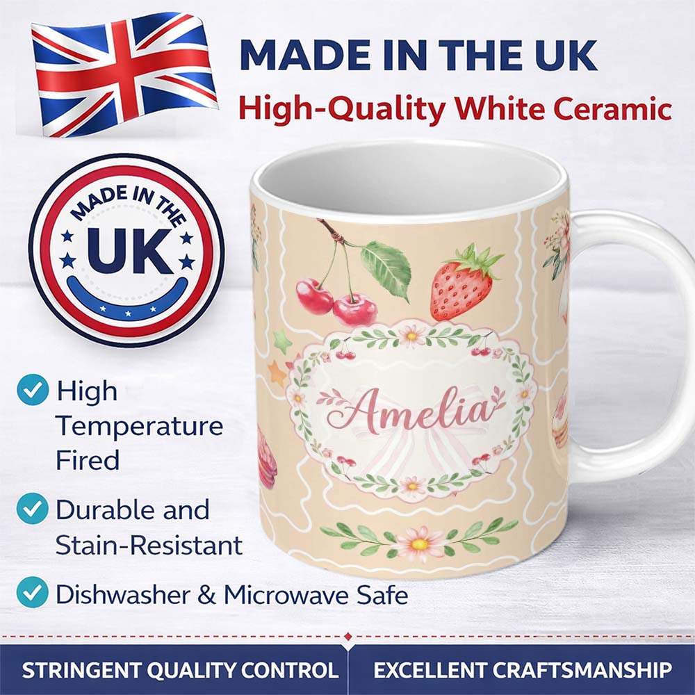 Personalized Custom Name Cute Watercolor Cherry Strawberry Ribbon Bow and Macaron Frame Beige 11oz Ceramic Coffee Tea Mug White Large Handle
