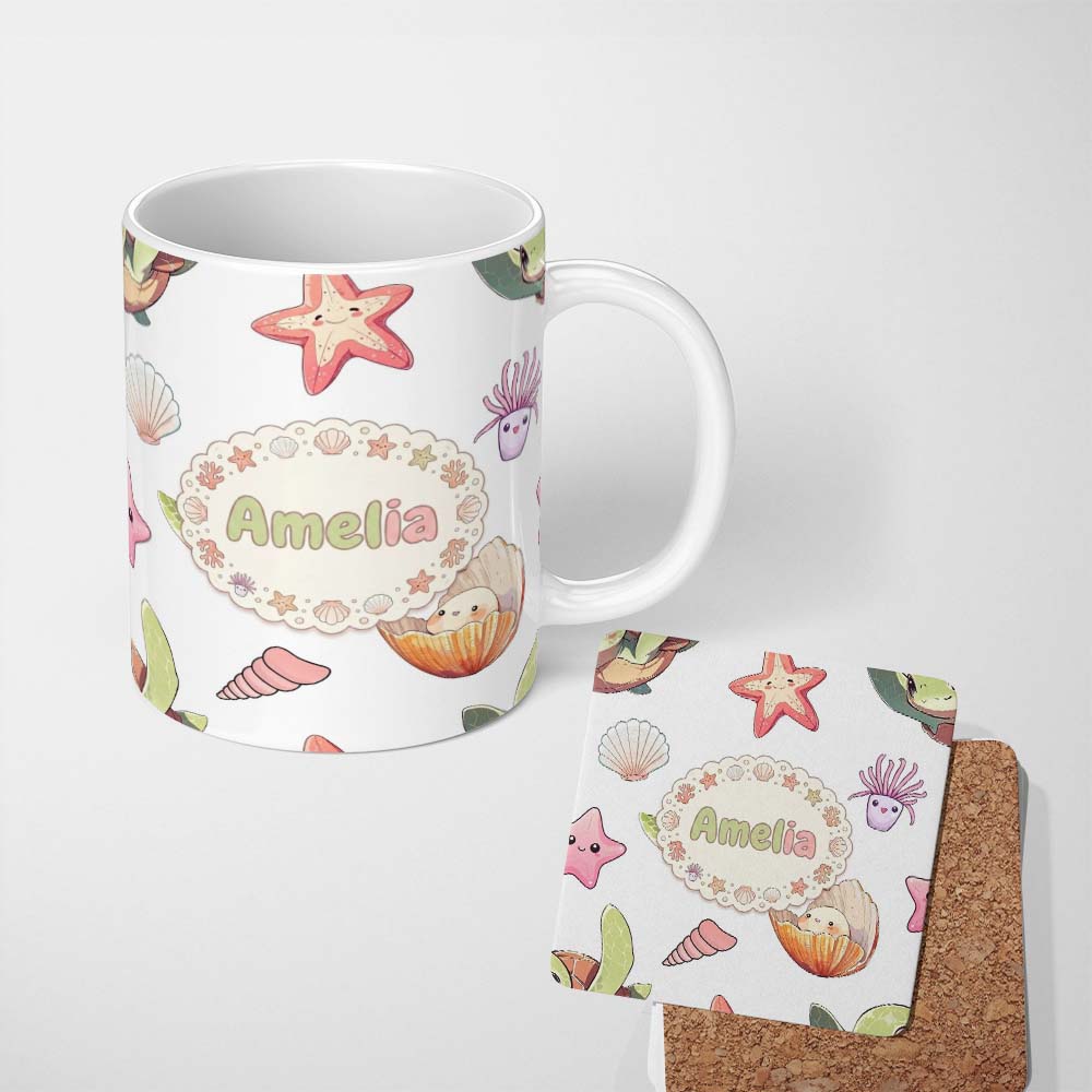 Personalized Custom Name Cute Sea Turtle Starfish Shell Kawaii Ocean Pattern Light Grey 11oz Ceramic Coffee Tea Mug White Large Handle
