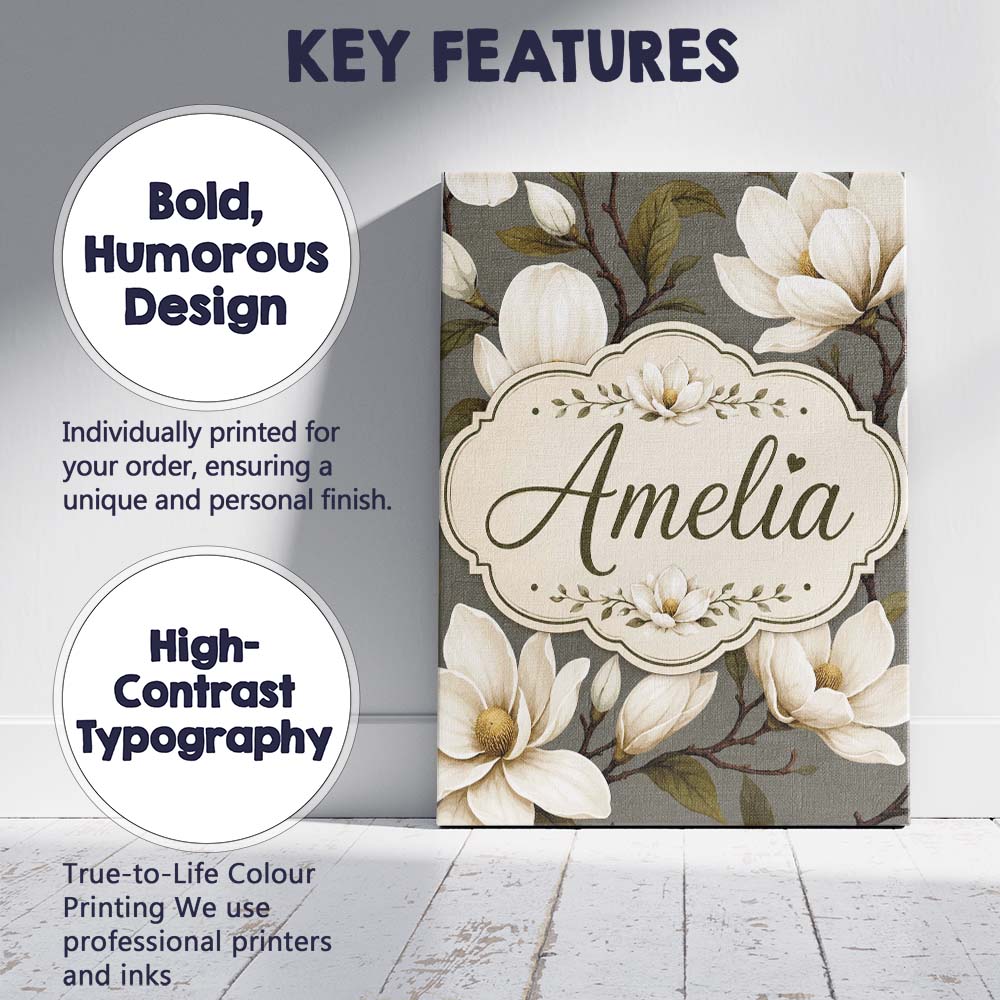 Personalised Name Classic Magnolia Blossoms Custom Bespoke Interior Contemporary Canvas Wall Art Print Decor Picture Ready to Hang