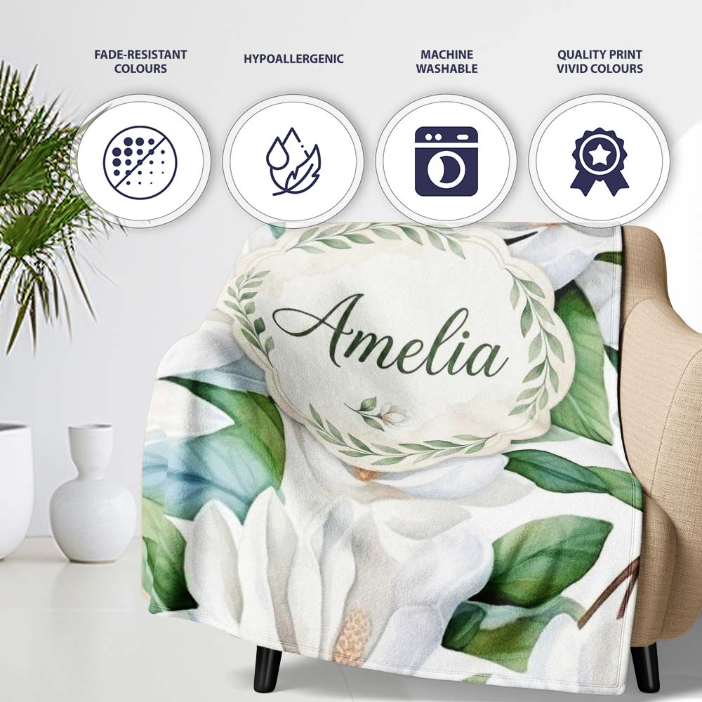 Soft White Magnolia Flowers and Green Leaves Seamless Pattern Lovely Personalised Custom Name Super Soft Fleece Blanket Bed Sofa Throw