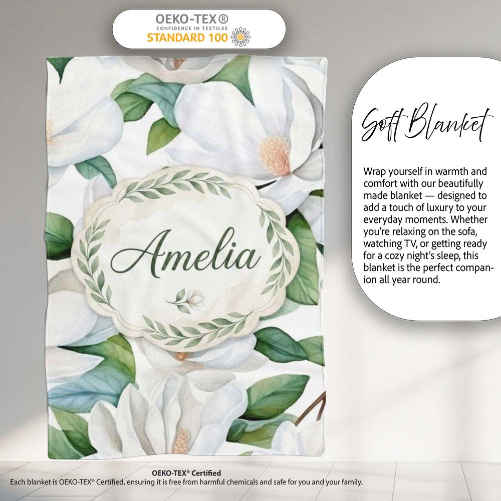 Soft White Magnolia Flowers and Green Leaves Seamless Pattern Lovely Personalised Custom Name Super Soft Fleece Blanket Bed Sofa Throw