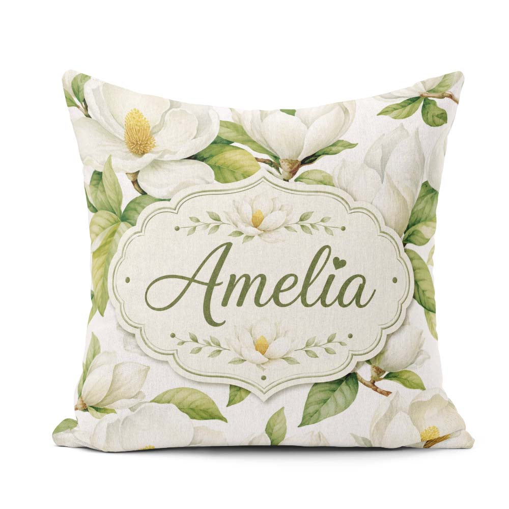 Custom Name Elegant White Magnolia Flowers Green Leaves Seamless Square Filled Cushion Throw Pillow Sofa Bed Home Decor Zip Washable UK Made
