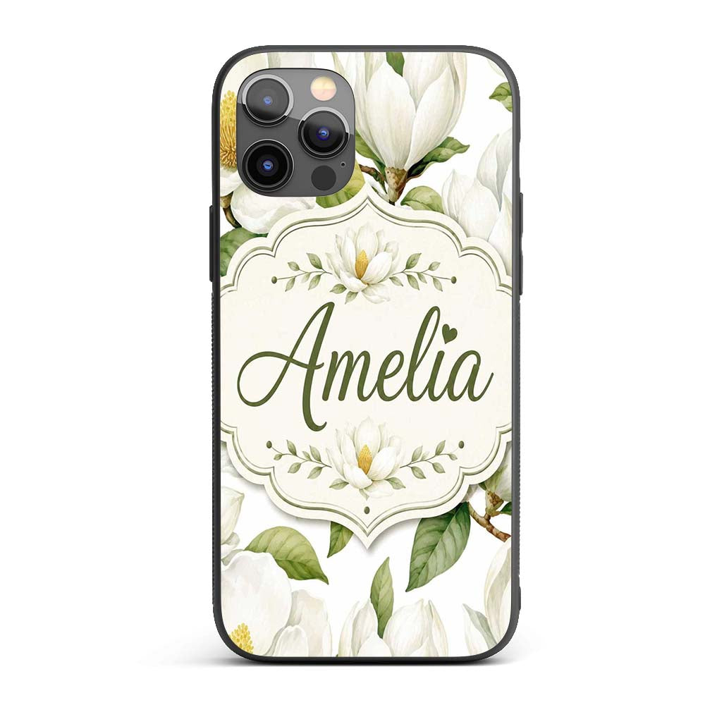 Elegant White Magnolia Flowers and Green Leaves Custom Name Protective Phone Case Mobile Cover Durable Everyday Smartphone Shock Resistant