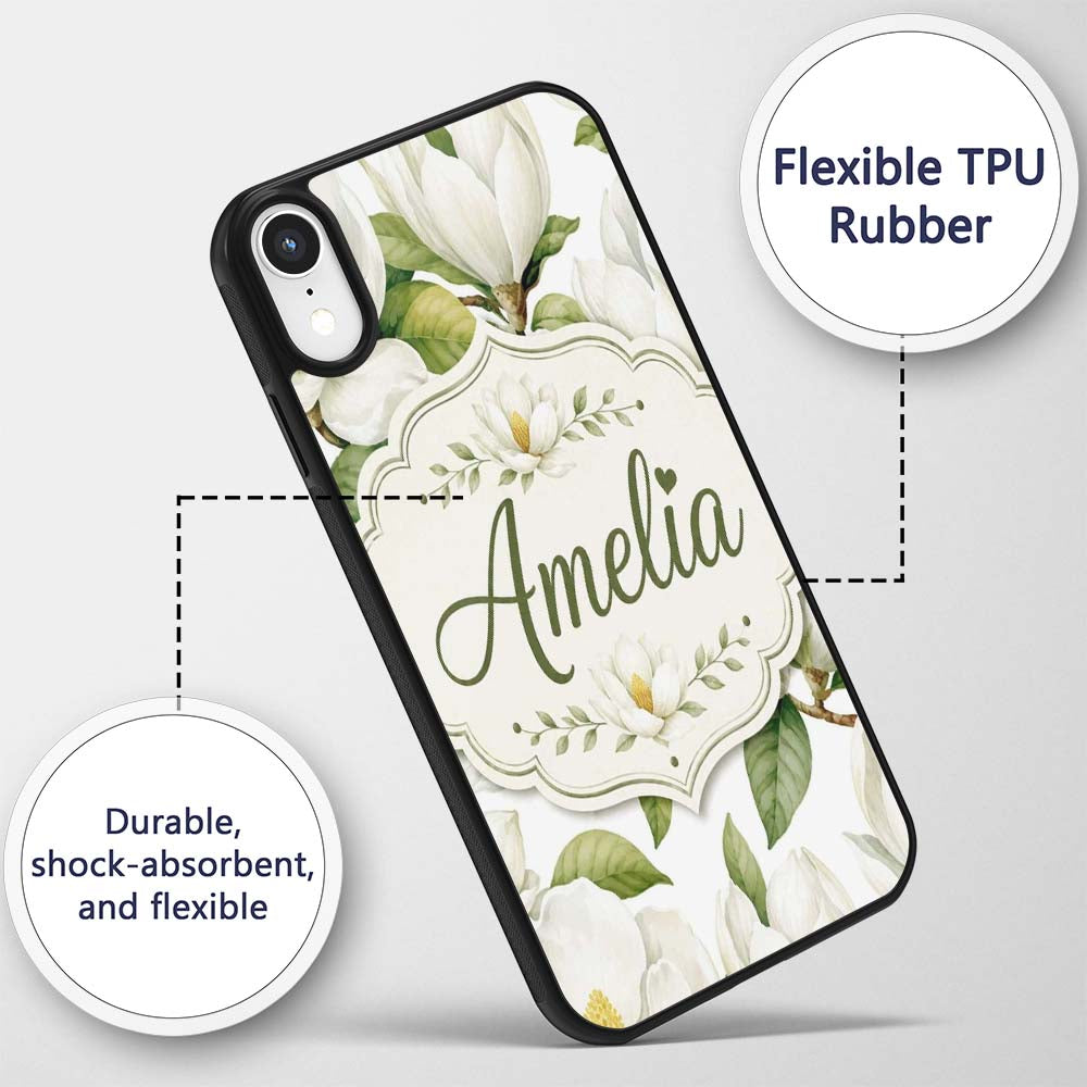 Elegant White Magnolia Flowers and Green Leaves Custom Name Protective Phone Case Mobile Cover Durable Everyday Smartphone Shock Resistant