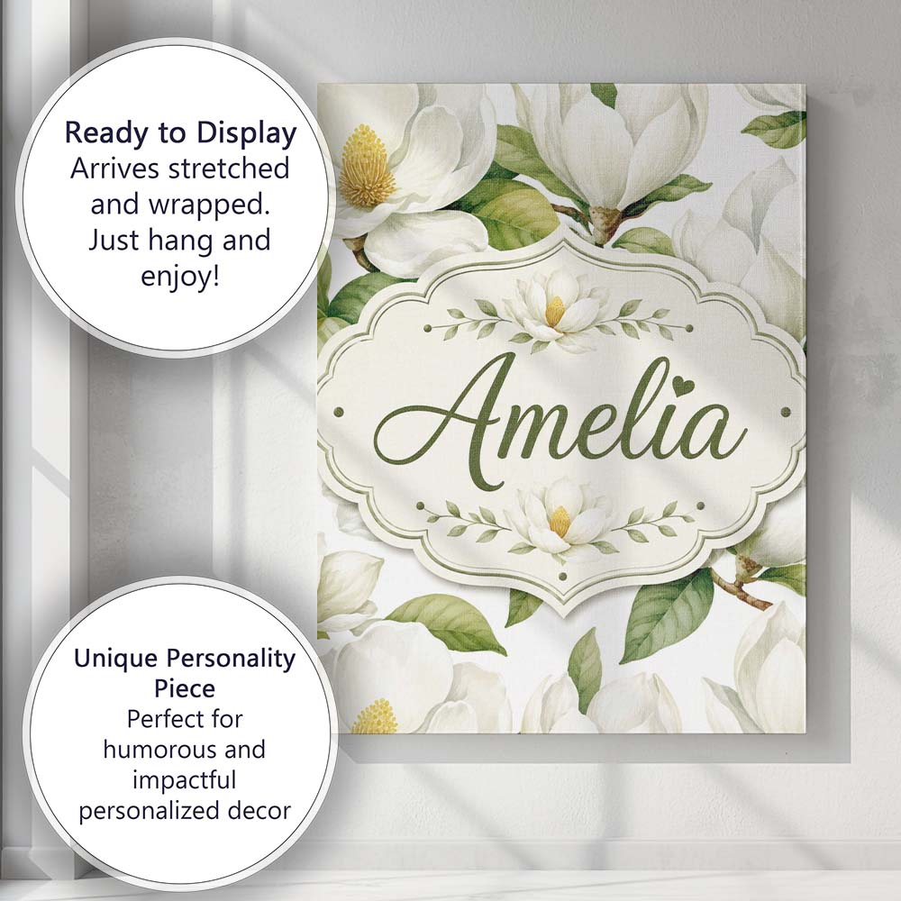 Personalised Name Elegant White Magnolia Custom Interior Decorative Contemporary Canvas Wall Art Print Decor Picture Ready to Hang