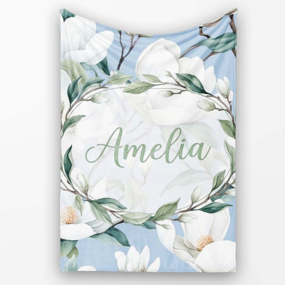 Soft White Magnolia Blossoms on Blue Background Seamless Pattern Personalised Custom Name Super Soft Fleece Blanket Bed Sofa Throw