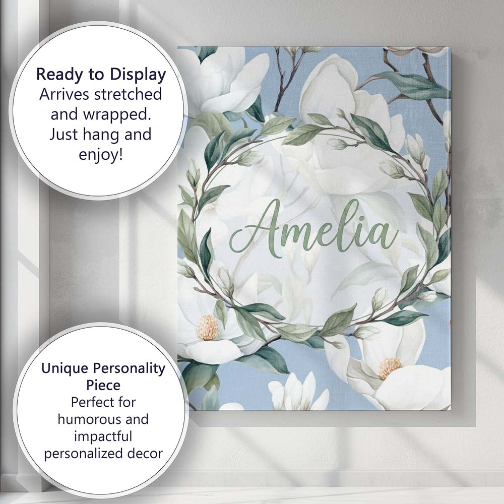 Personalised Name Soft White Magnolia Custom Modern Room Accent Creative Decorator Style Canvas Wall Art Print Decor Picture Ready to Hang