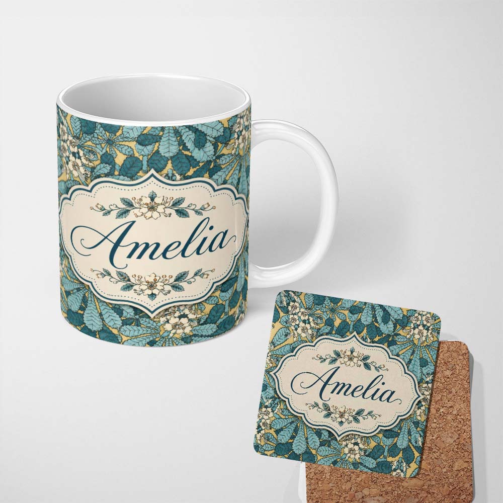 Personalized Custom Name Art Nouveau Botanical Leaves Floral Pattern Seamless Pattern Lovely 11oz Ceramic Coffee Tea Mug White Large Handle