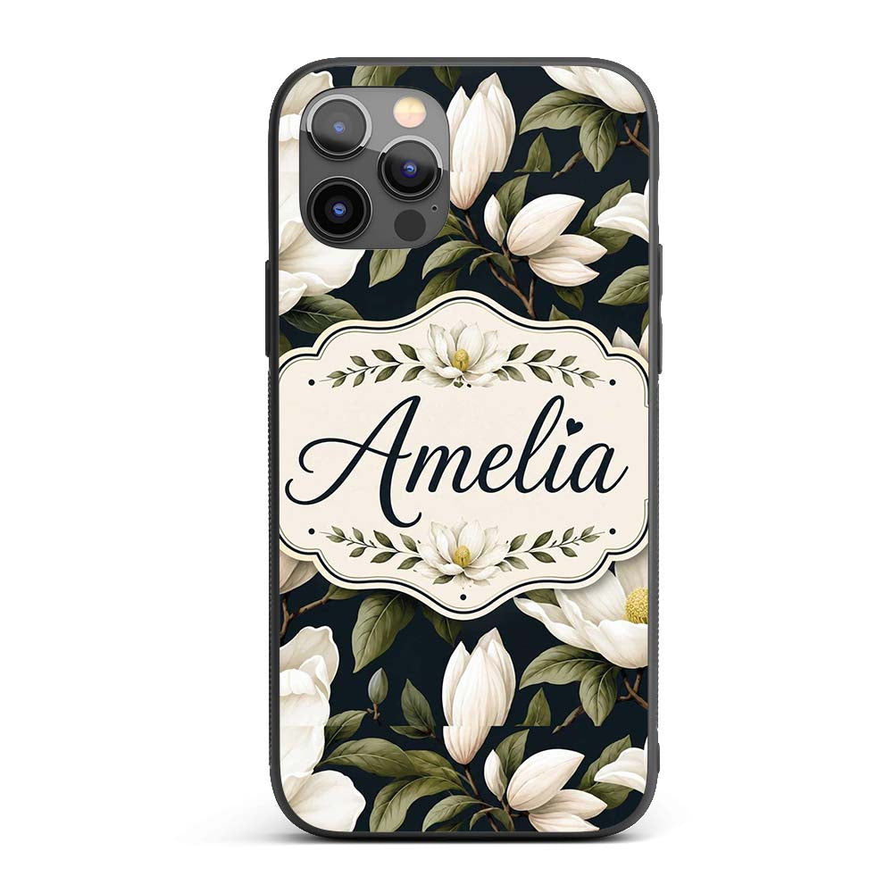 White Magnolia Floral Design on Dark Background Custom Name Protective Phone Case Mobile Cover Durable Everyday Smartphone Shock Resistant