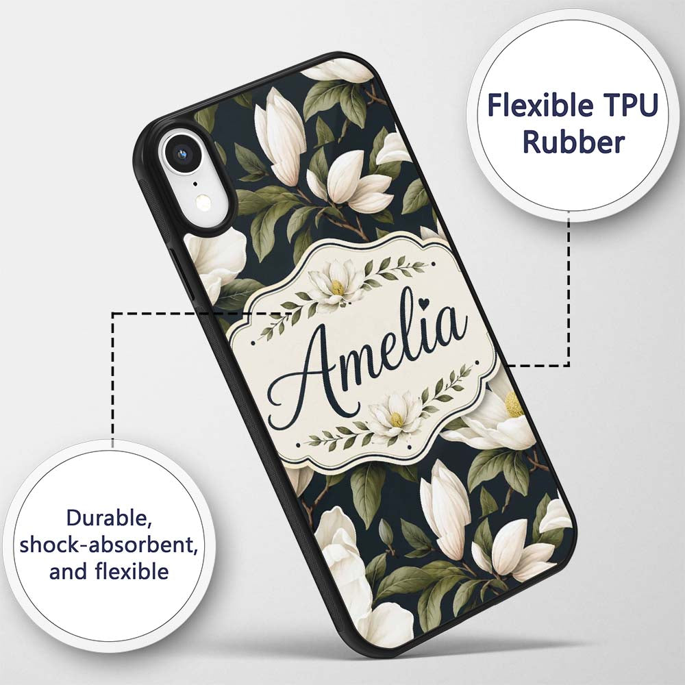 White Magnolia Floral Design on Dark Background Custom Name Protective Phone Case Mobile Cover Durable Everyday Smartphone Shock Resistant