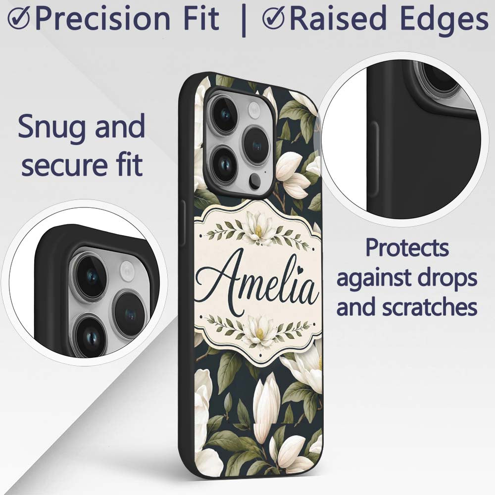 White Magnolia Floral Design on Dark Background Custom Name Protective Phone Case Mobile Cover Durable Everyday Smartphone Shock Resistant