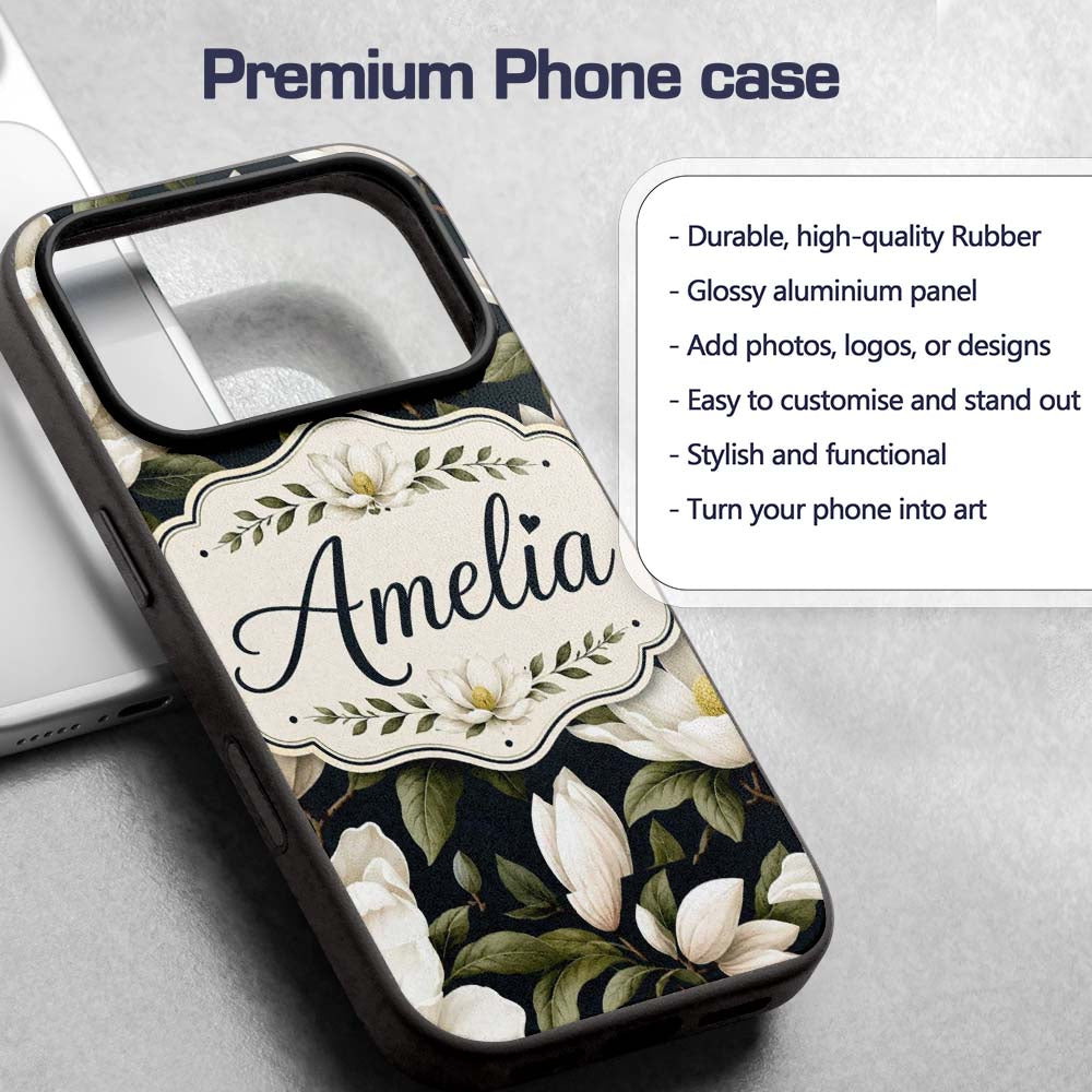White Magnolia Floral Design on Dark Background Custom Name Protective Phone Case Mobile Cover Durable Everyday Smartphone Shock Resistant