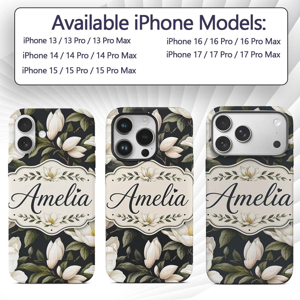 White Magnolia Floral Design on Dark Background Custom Name Protective Phone Case Mobile Cover Durable Everyday Smartphone Shock Resistant