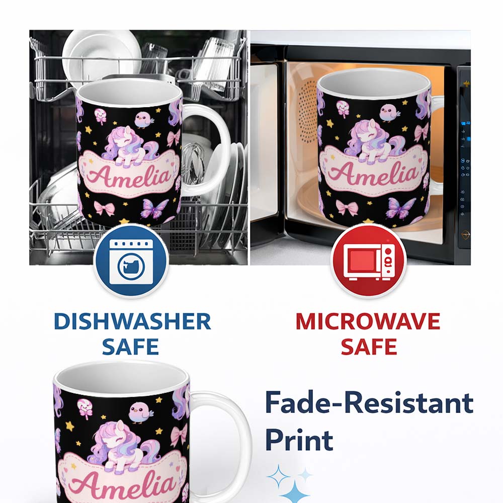 Personalized Custom Name Cute Pastel Unicorn Butterfly Candy Stars Black Background Seamless 11oz Ceramic Coffee Tea Mug White Large Handle
