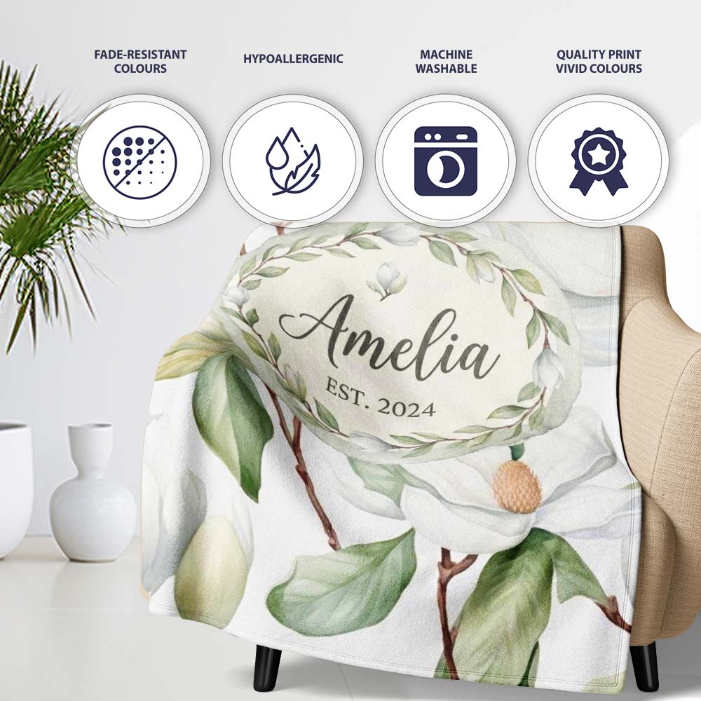 Delicate Magnolia Flowers and Buds Seamless Pattern Cute Unique Gift Personalised Custom Name Super Soft Fleece Blanket Bed Sofa Throw