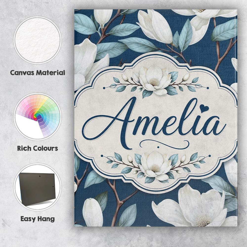 Personalised Name Magnolia Flowers with Custom Modern Room Accent Elegant Feature Canvas Wall Art Print Decor Picture Ready to Hang