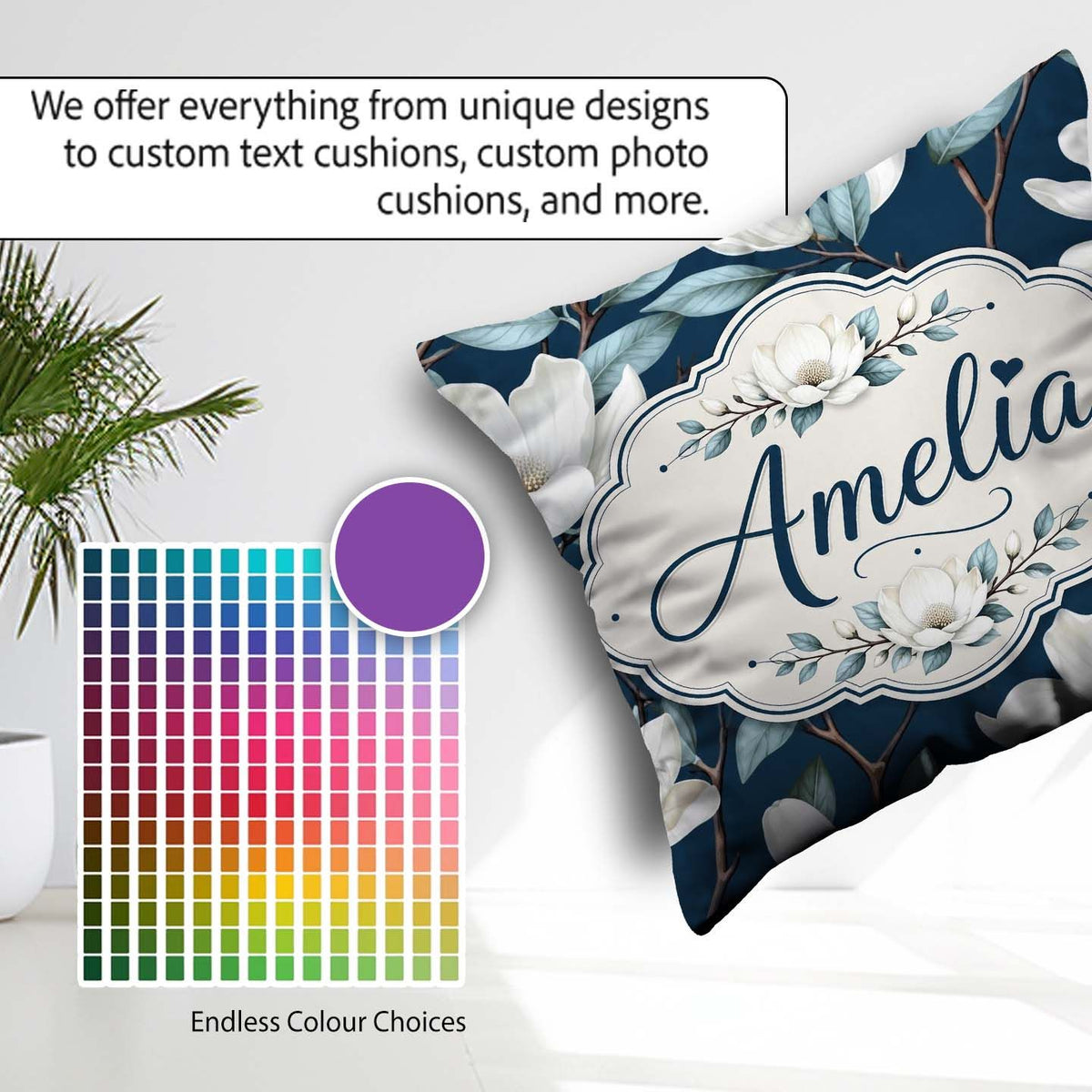 Custom Name Magnolia Flowers with Blue Leaves on Dark Background Square Filled Cushion Throw Pillow Sofa Bed Home Decor Zip Washable UK Made