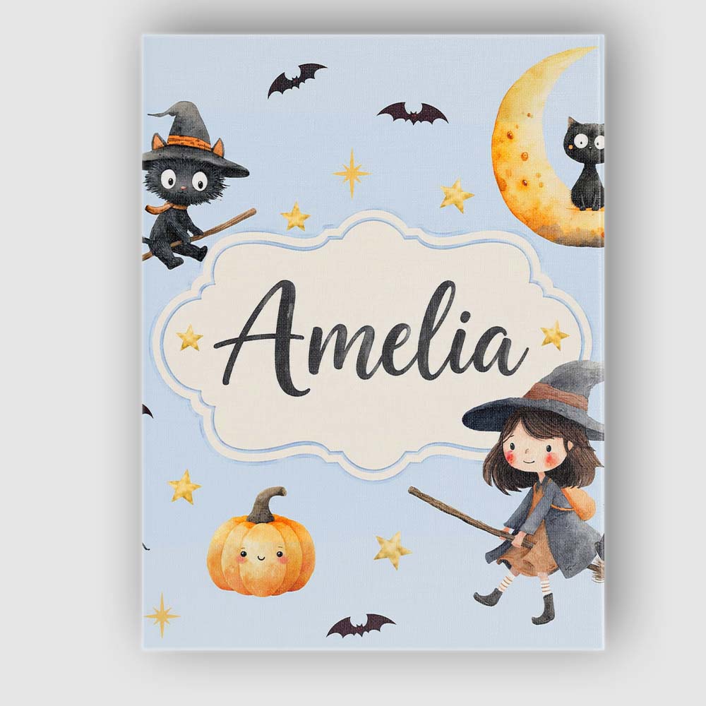 Personalised Name Cute Halloween Witch Girl Custom Bespoke Interior Contemporary Canvas Wall Art Print Decor Picture Ready to Hang