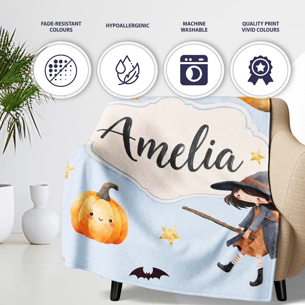 Cute Halloween Witch Girl with Black Cats Moon and Stars Seamless Personalised Custom Name Super Soft Fleece Blanket Bed Sofa Throw