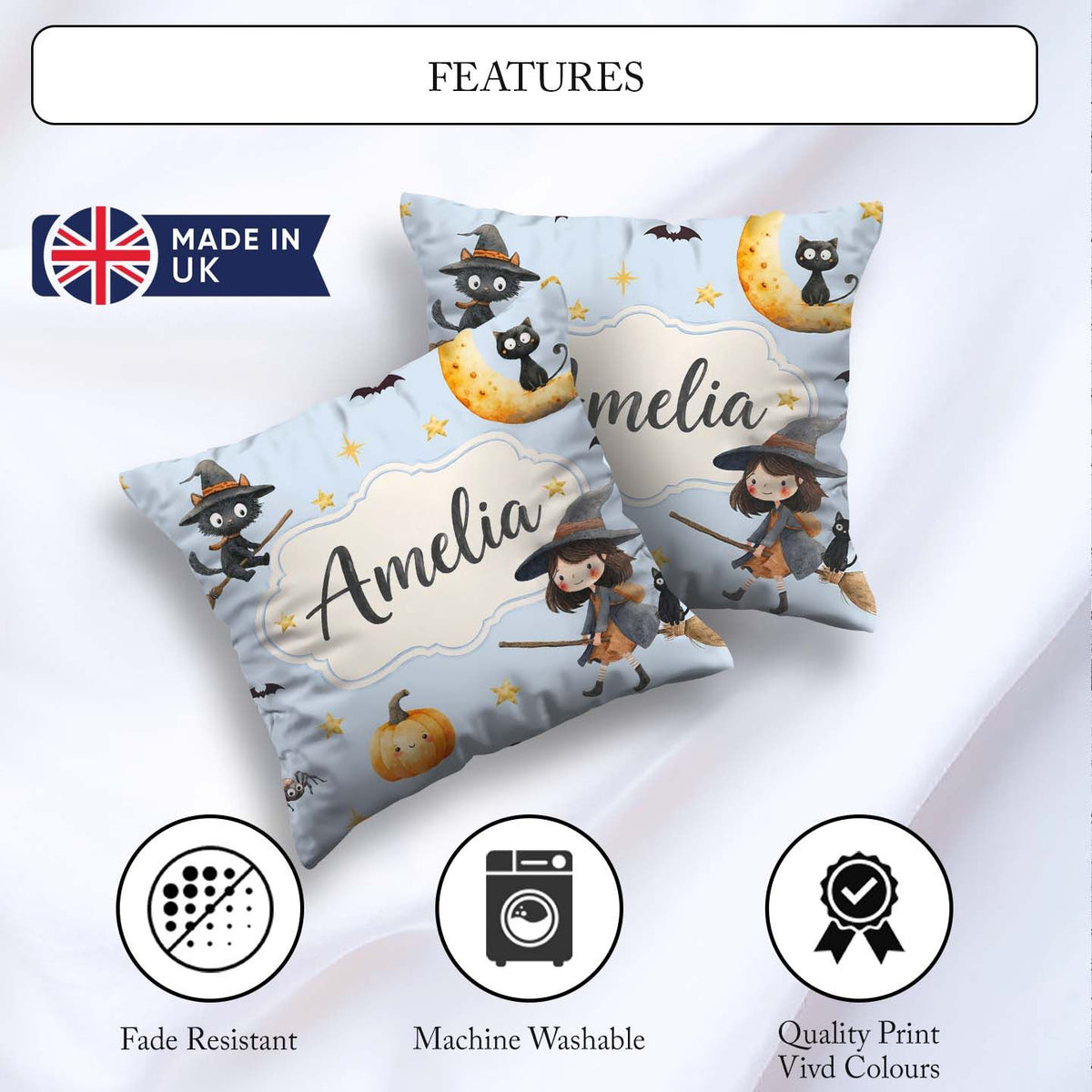 Custom Name Halloween Witch Girl with Black Cats Moon and Stars Square Filled Cushion Throw Pillow Sofa Bed Home Decor Zip Washable UK Made