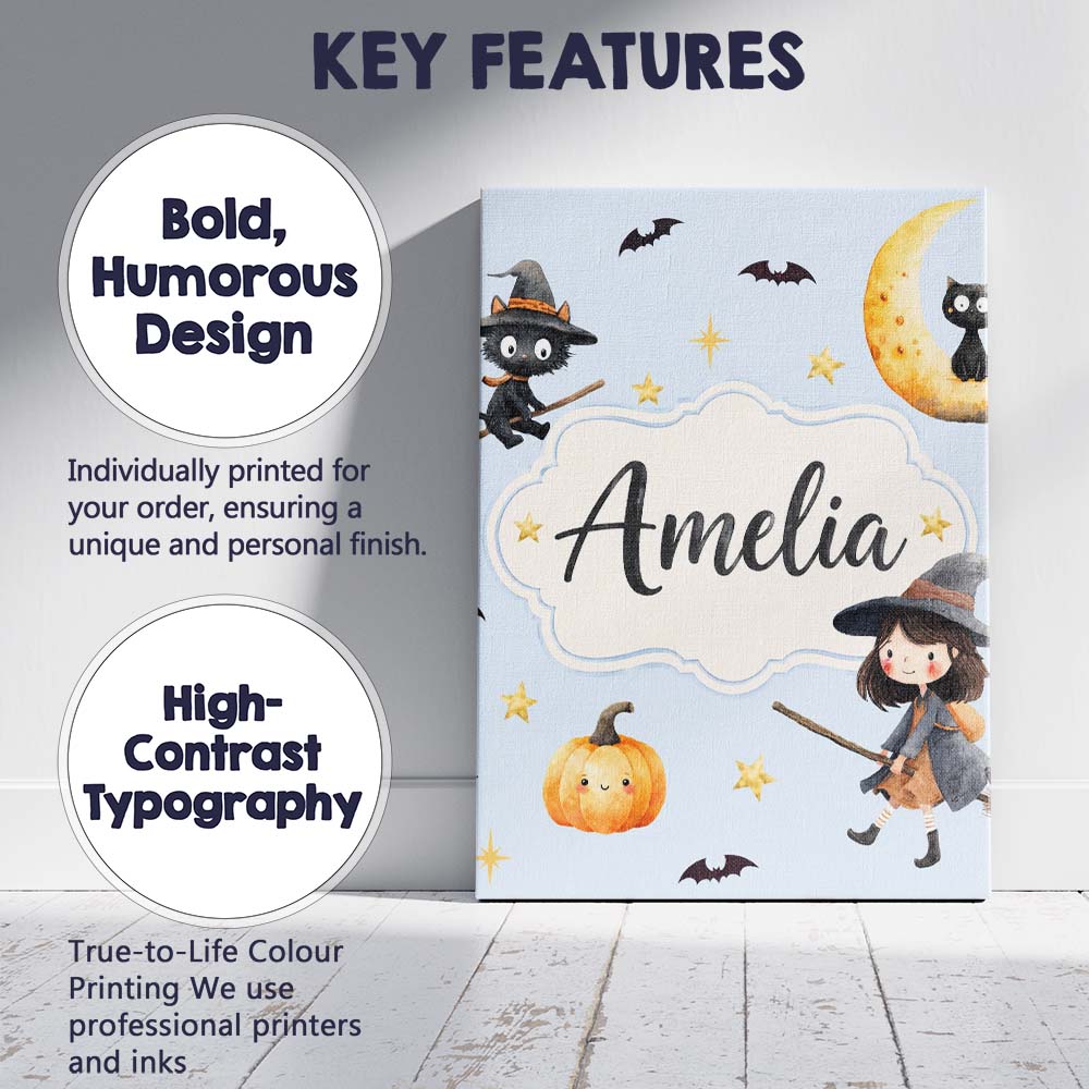 Personalised Name Cute Halloween Witch Girl Custom Bespoke Interior Contemporary Canvas Wall Art Print Decor Picture Ready to Hang