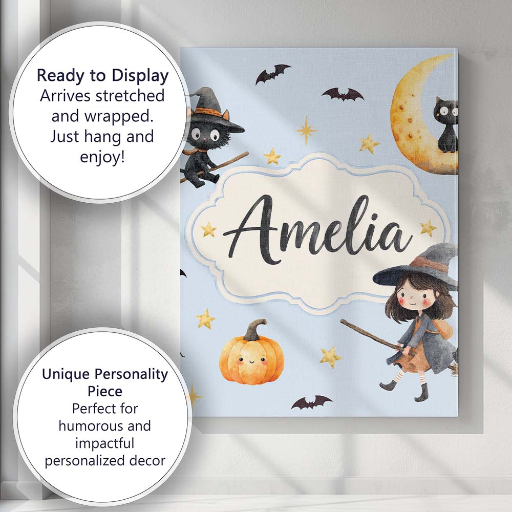 Personalised Name Cute Halloween Witch Girl Custom Bespoke Interior Contemporary Canvas Wall Art Print Decor Picture Ready to Hang