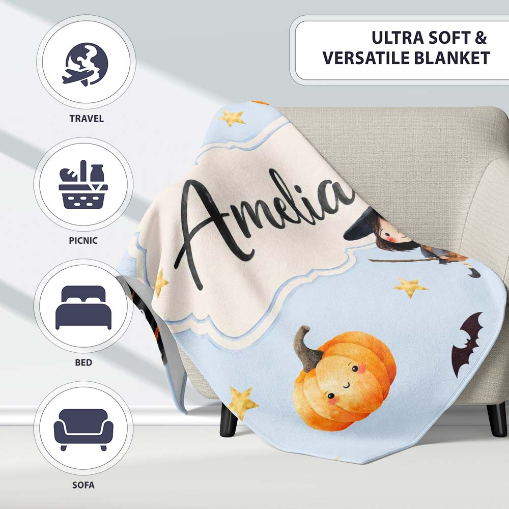 Cute Halloween Witch Girl with Black Cats Moon and Stars Seamless Personalised Custom Name Super Soft Fleece Blanket Bed Sofa Throw