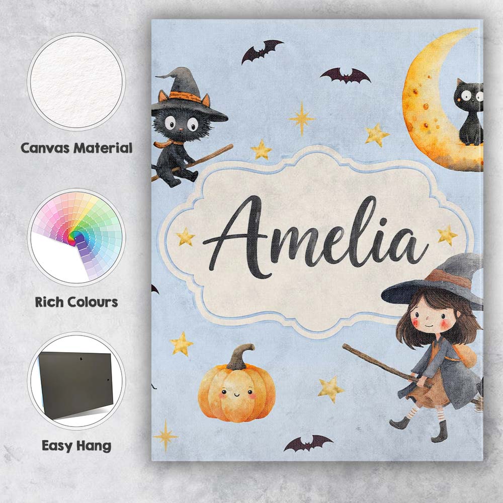Personalised Name Cute Halloween Witch Girl Custom Bespoke Interior Contemporary Canvas Wall Art Print Decor Picture Ready to Hang