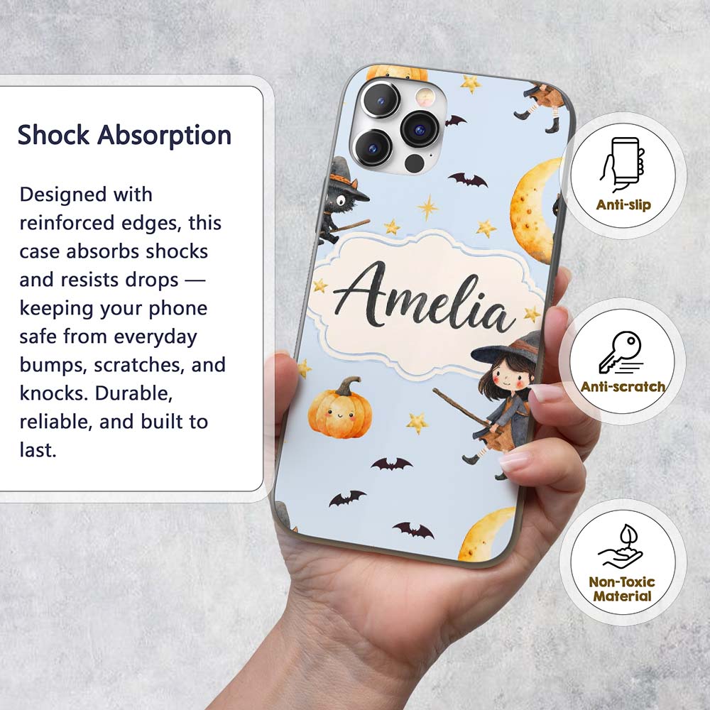 Cute Halloween Witch Girl with Black Cats Moon Custom Name Protective Phone Case Mobile Cover Durable Everyday Smartphone Shock Resistant