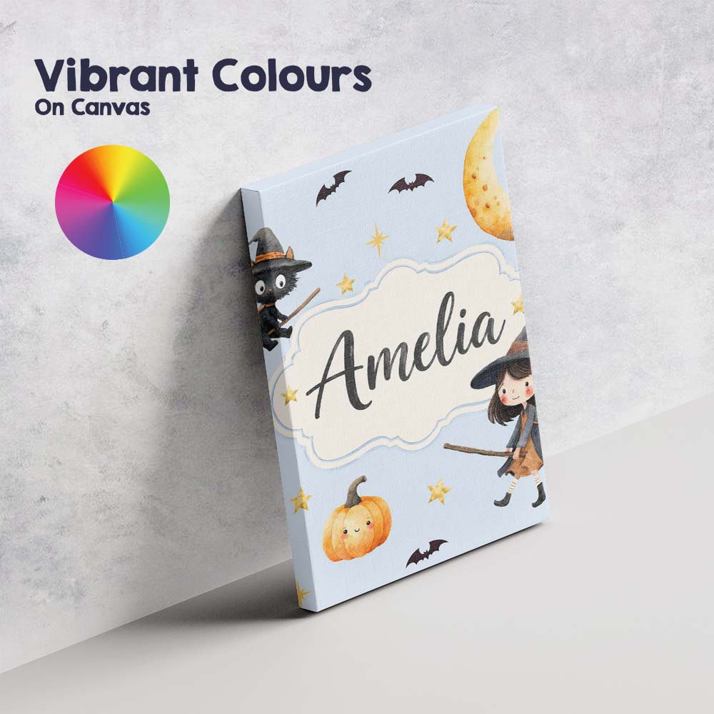 Personalised Name Cute Halloween Witch Girl Custom Bespoke Interior Contemporary Canvas Wall Art Print Decor Picture Ready to Hang
