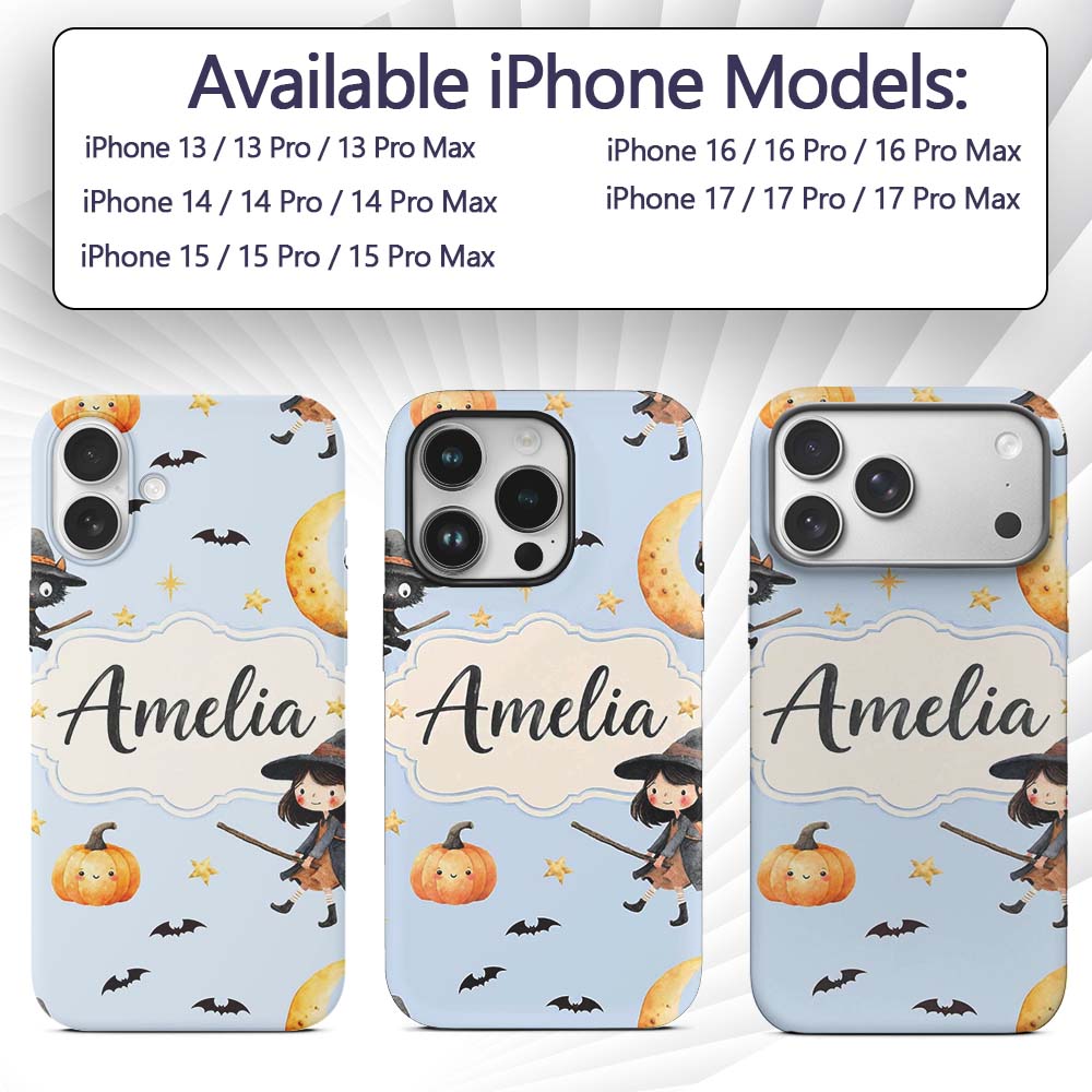 Cute Halloween Witch Girl with Black Cats Moon Custom Name Protective Phone Case Mobile Cover Durable Everyday Smartphone Shock Resistant