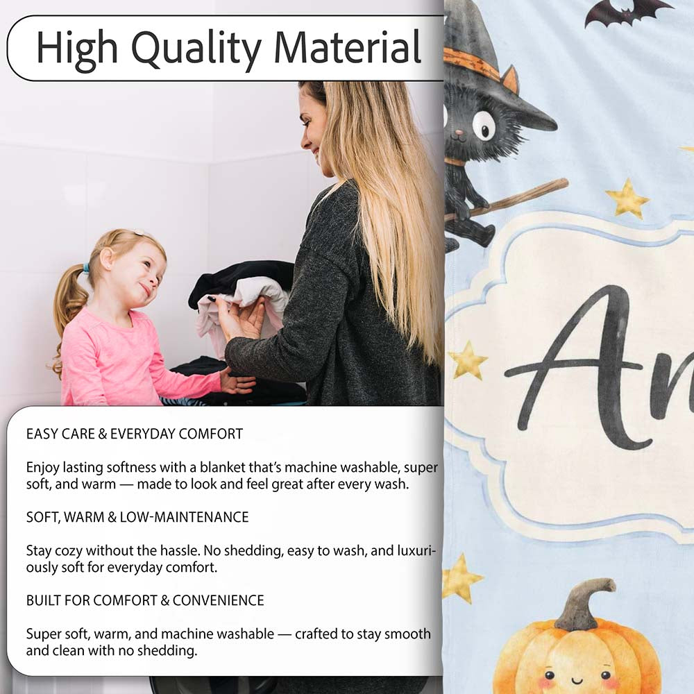 Cute Halloween Witch Girl with Black Cats Moon and Stars Seamless Personalised Custom Name Super Soft Fleece Blanket Bed Sofa Throw