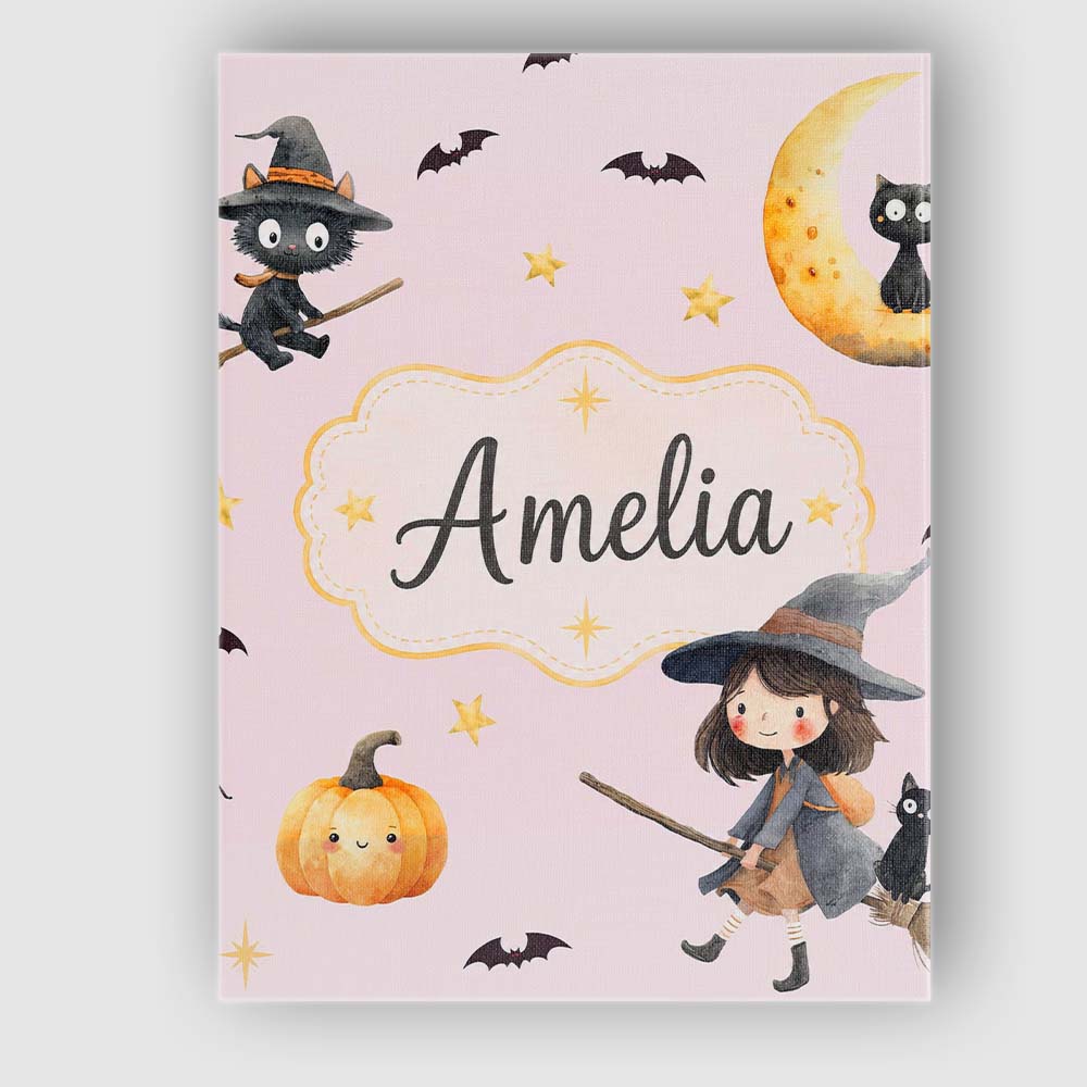 Personalised Name Halloween Witch Girl Custom Modern Room Accent Elegant Feature Canvas Wall Art Print Decor Picture Ready to Hang