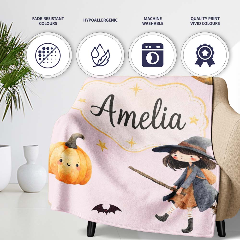 Halloween Witch Girl Flying on Broom with Black Cat Moon and Stars Personalised Custom Name Super Soft Fleece Blanket Bed Sofa Throw