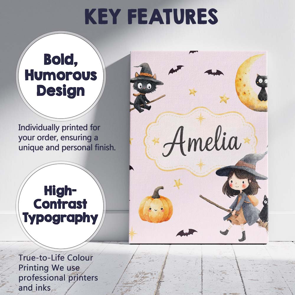 Personalised Name Halloween Witch Girl Custom Modern Room Accent Elegant Feature Canvas Wall Art Print Decor Picture Ready to Hang