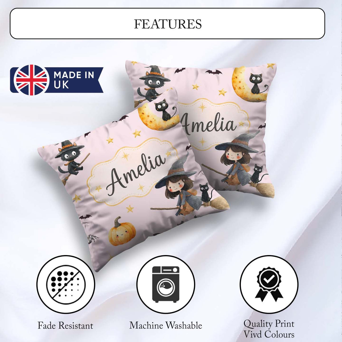 Custom Name Witch Girl Flying on Broom with Black Cat Moon Stars Square Filled Cushion Throw Pillow Sofa Bed Home Decor Zip Washable UK Made