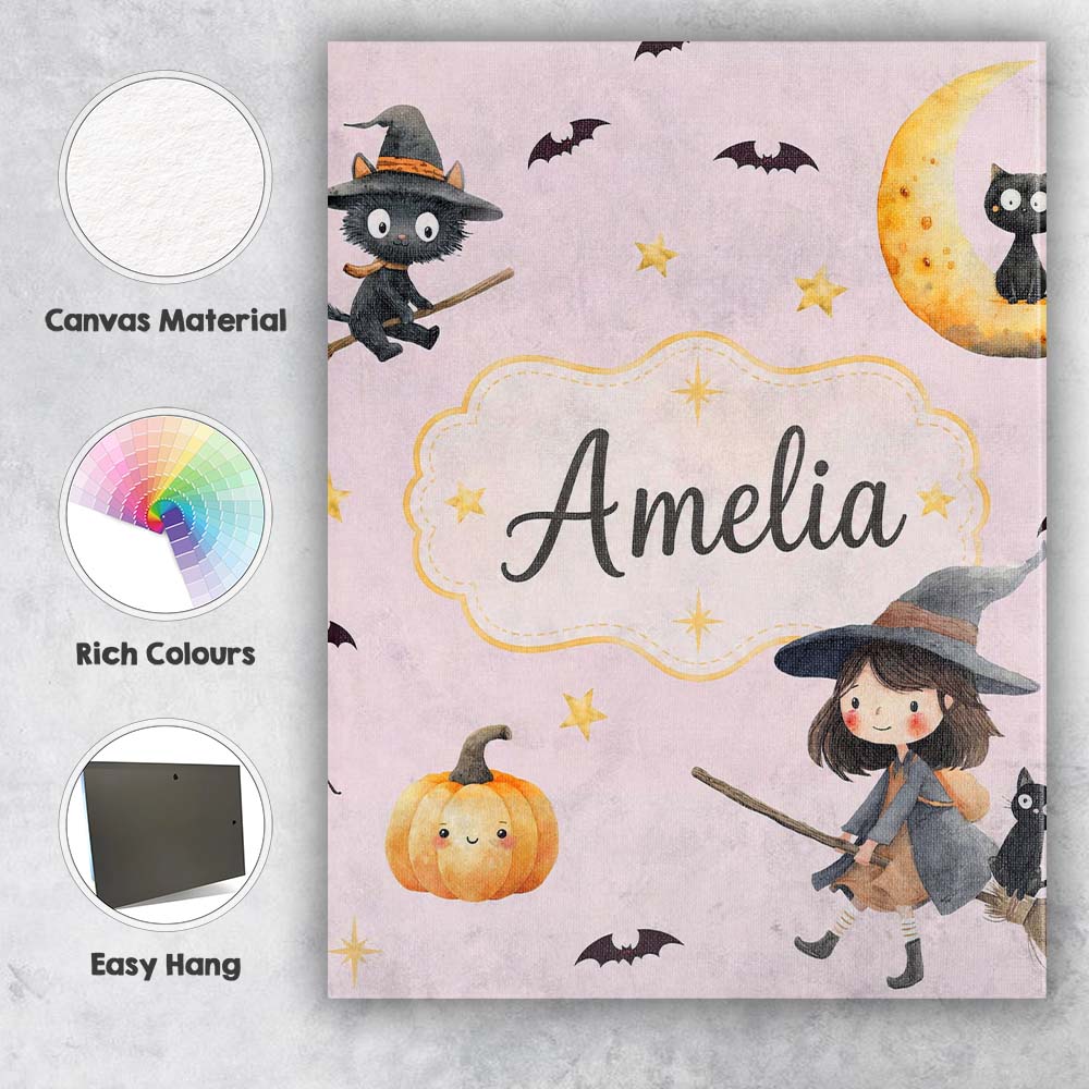 Personalised Name Halloween Witch Girl Custom Modern Room Accent Elegant Feature Canvas Wall Art Print Decor Picture Ready to Hang