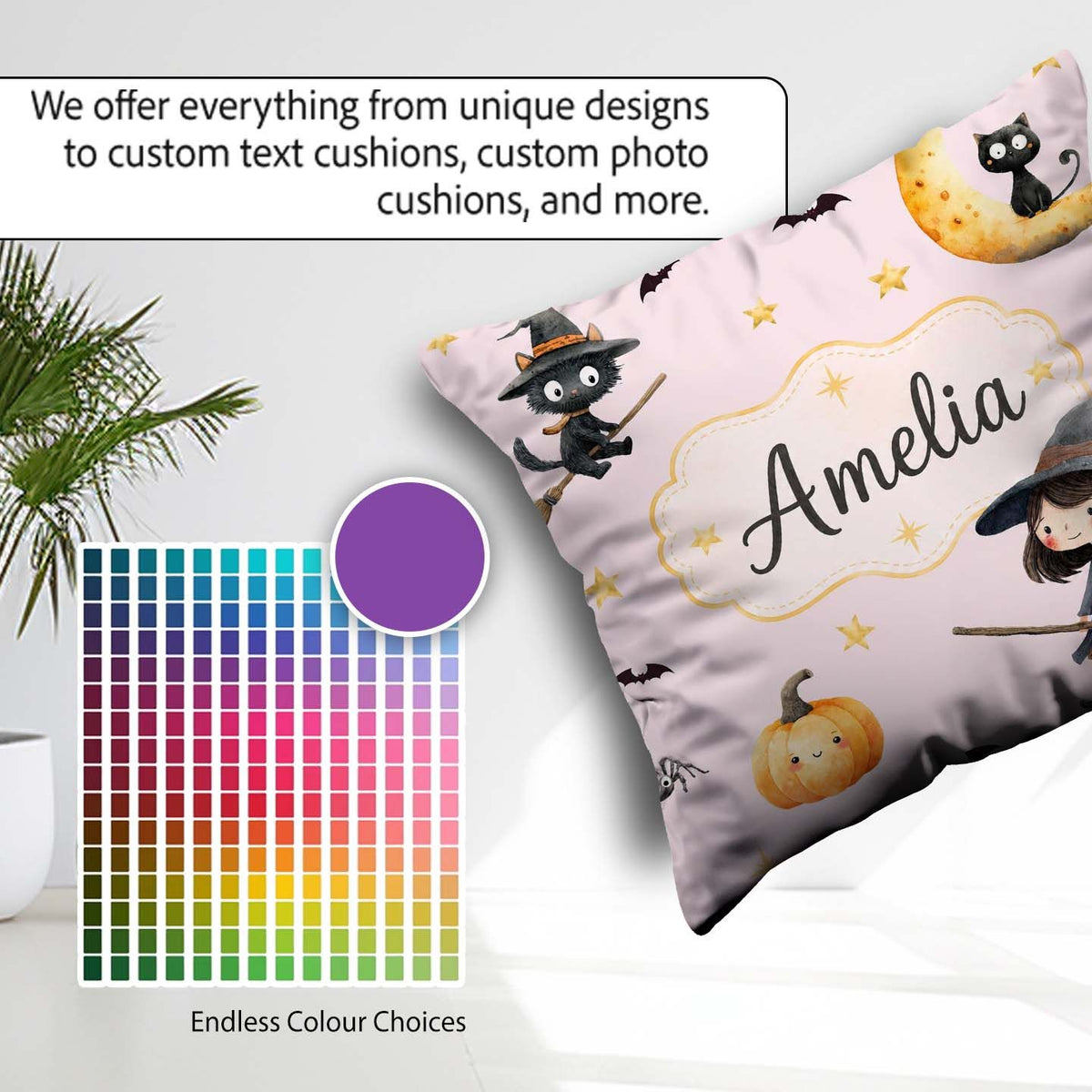 Custom Name Witch Girl Flying on Broom with Black Cat Moon Stars Square Filled Cushion Throw Pillow Sofa Bed Home Decor Zip Washable UK Made