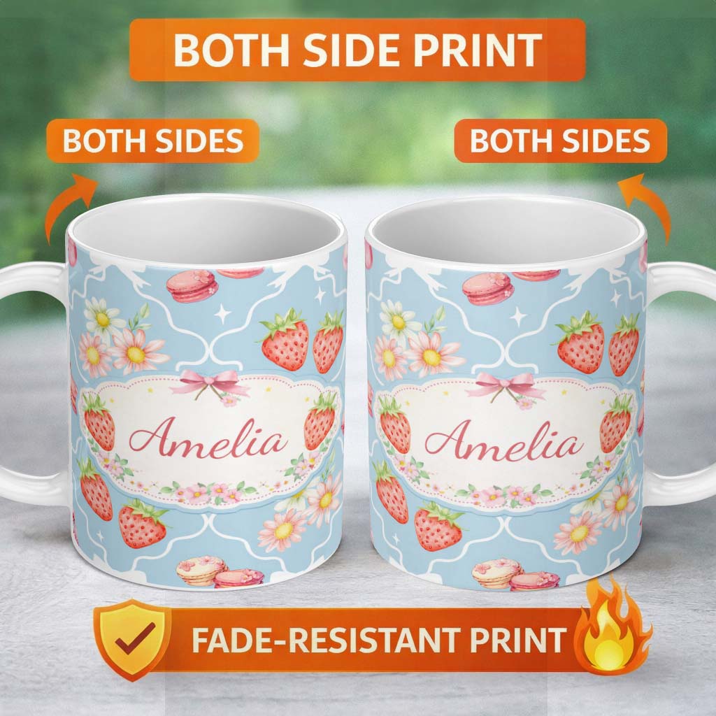 Personalized Custom Name Strawberry Cherry Daisy Seamless Pattern Blue Cute Coquette Floral 11oz Ceramic Coffee Tea Mug White Large Handle