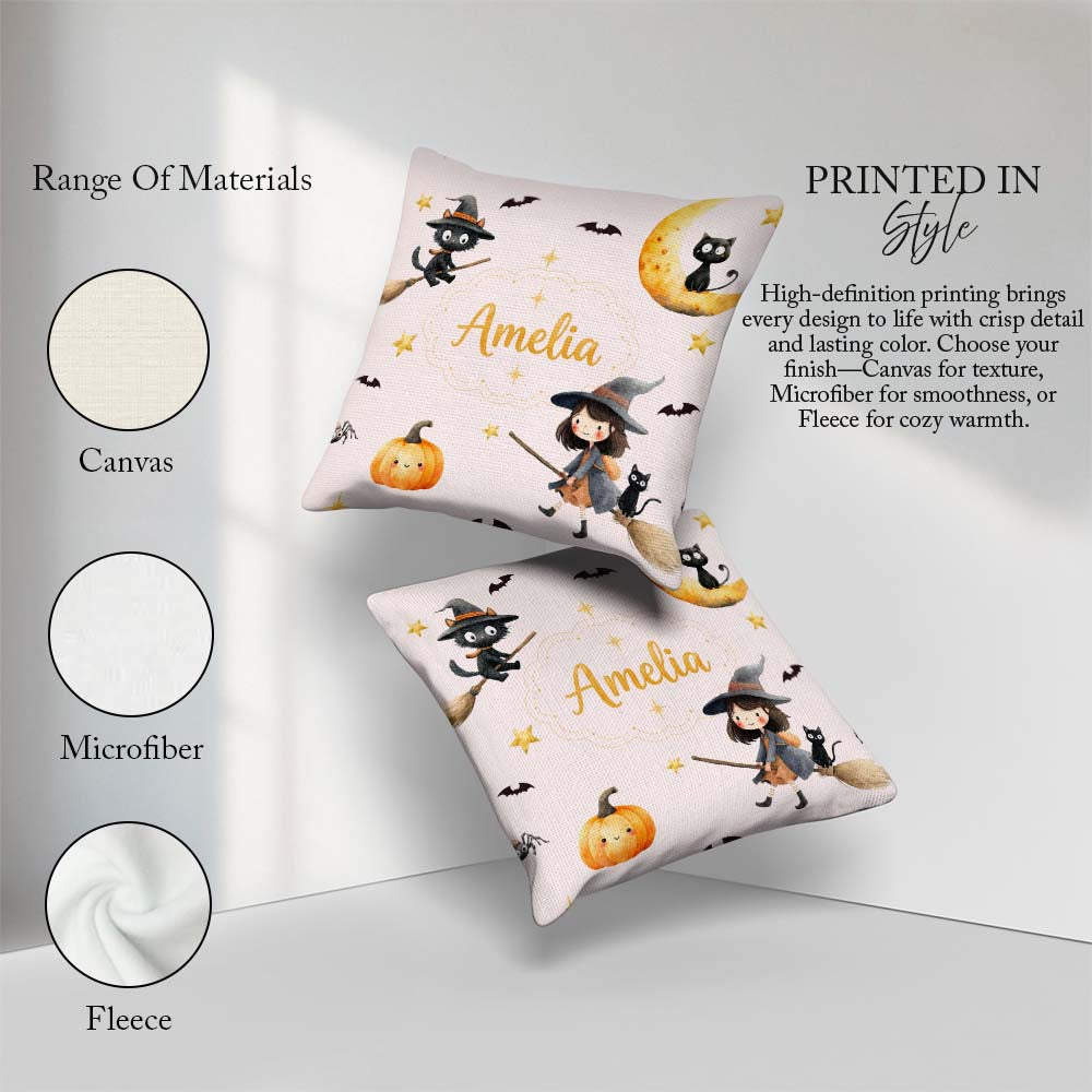 Custom Name Cute BlackCat in Witch Hat with Bats and Stars Pink Square Filled Cushion Throw Pillow Sofa Bed Home Decor Zip Washable UK Made