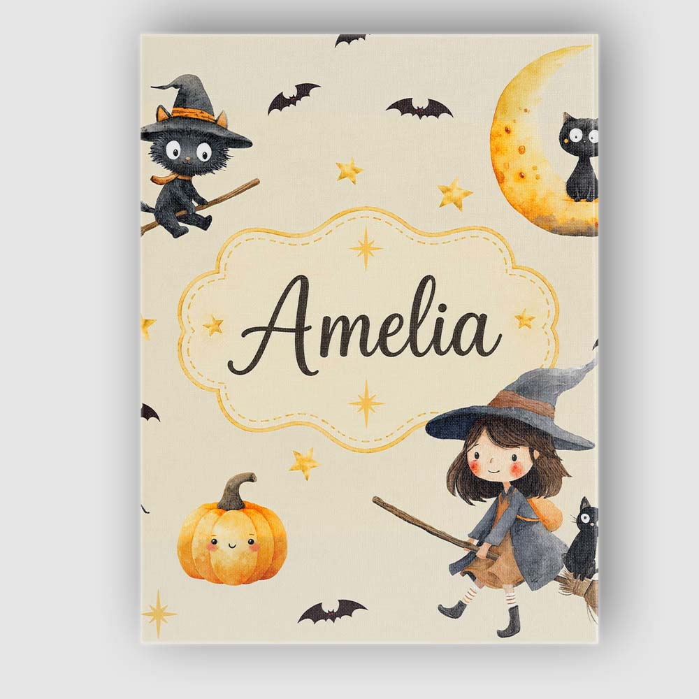 Personalised Name Cute Witch Girl Riding Custom Unique Gift Idea Elegant Feature Canvas Wall Art Print Decor Picture Ready to Hang
