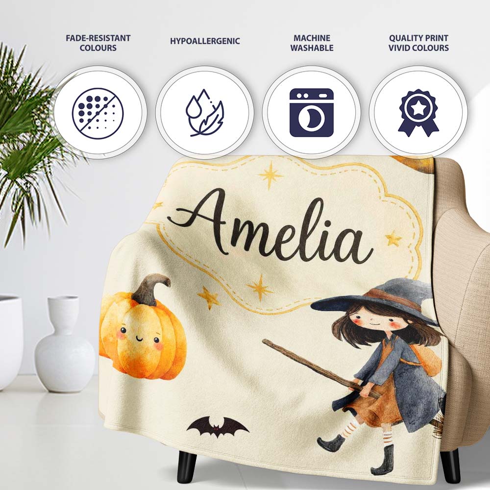 Cute Witch Girl Riding Broom with Black Cat Soft Cream Background Personalised Custom Name Super Soft Fleece Blanket Bed Sofa Throw