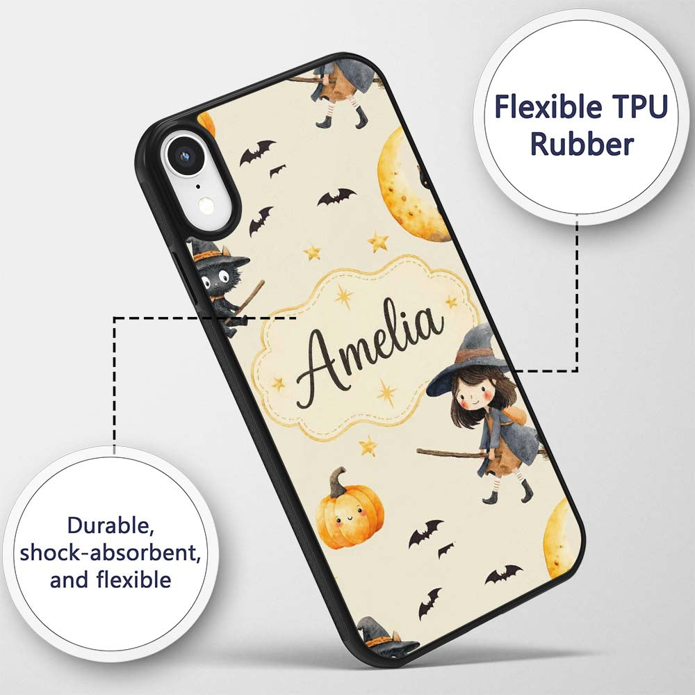 Cute Witch Girl Riding Broom with Black Cat Soft Custom Name Protective Phone Case Mobile Cover Durable Everyday Smartphone Shock Resistant