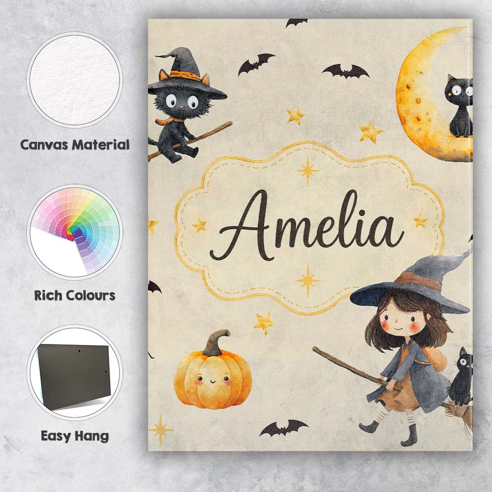 Personalised Name Cute Witch Girl Riding Custom Unique Gift Idea Elegant Feature Canvas Wall Art Print Decor Picture Ready to Hang