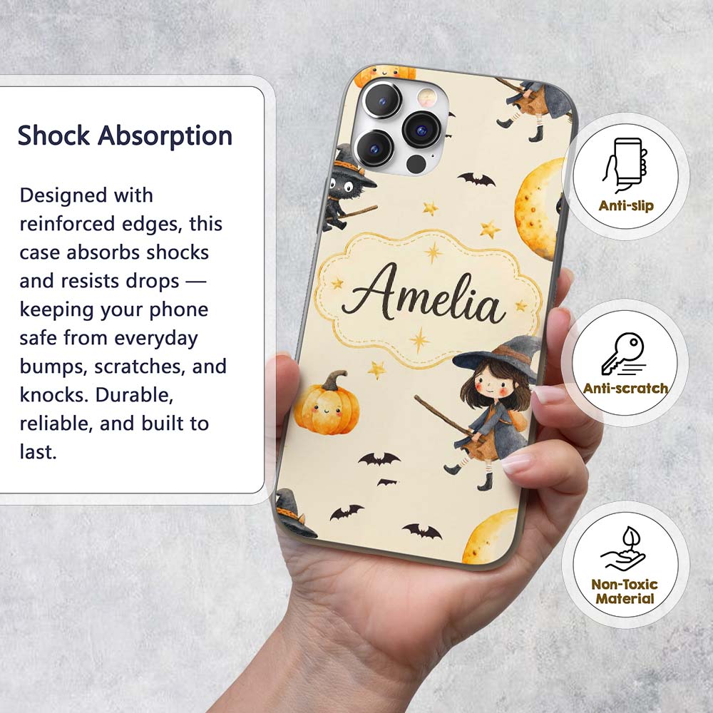 Cute Witch Girl Riding Broom with Black Cat Soft Custom Name Protective Phone Case Mobile Cover Durable Everyday Smartphone Shock Resistant