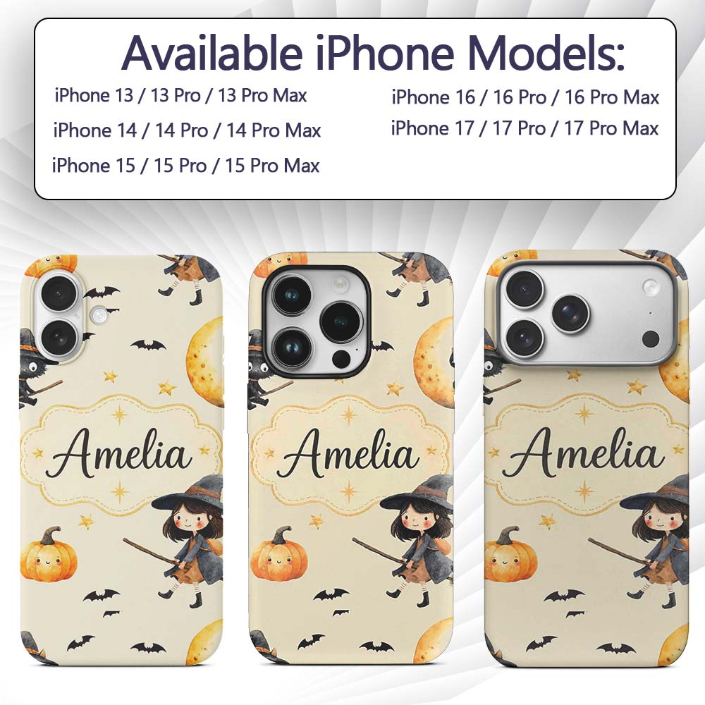 Cute Witch Girl Riding Broom with Black Cat Soft Custom Name Protective Phone Case Mobile Cover Durable Everyday Smartphone Shock Resistant